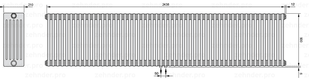 Схема (чертеж) Радиатор Zehnder Charleston 6090/53 №5410 Белый глянцевый RAL 9016
